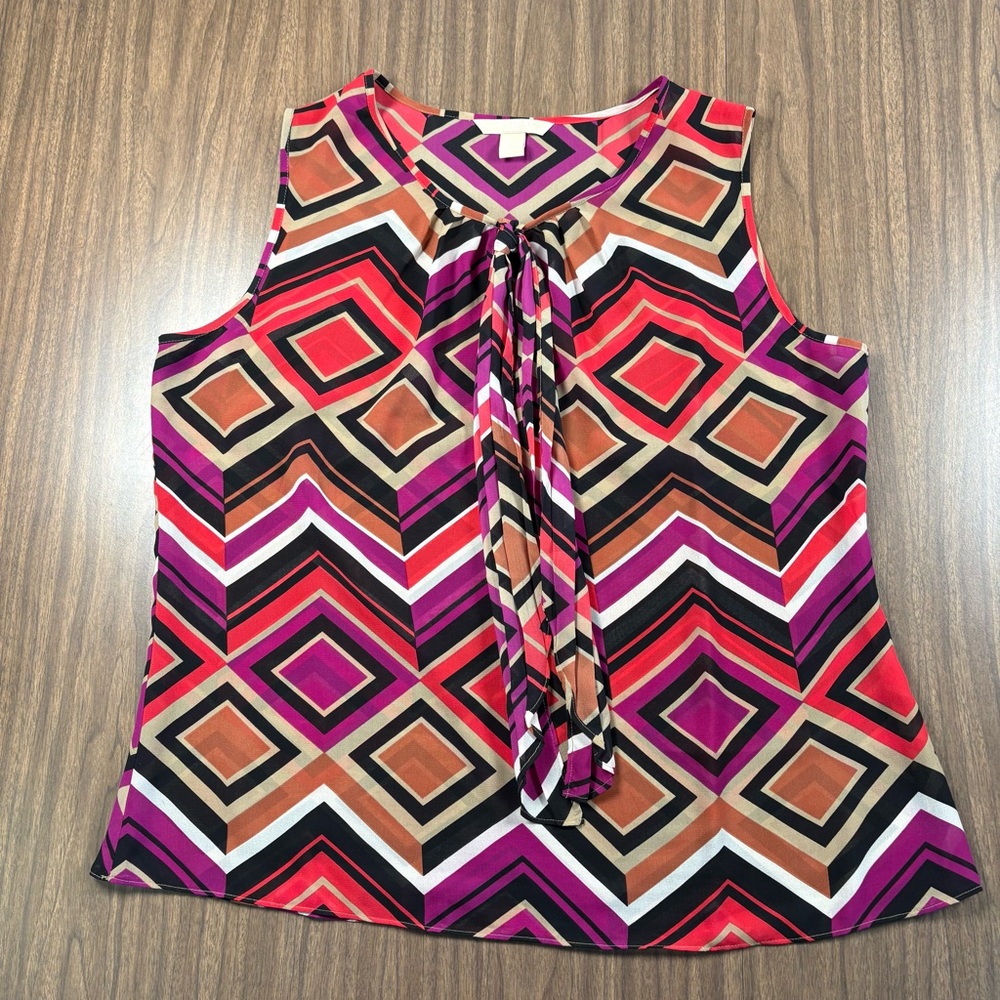 Banana Republic Red and Purple Tie Front Geometric Sheer Sleeveless Blouse